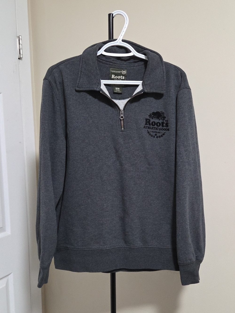Roots Cotton Blend Men's Heather Charcoal Quarter-Zip Sweater